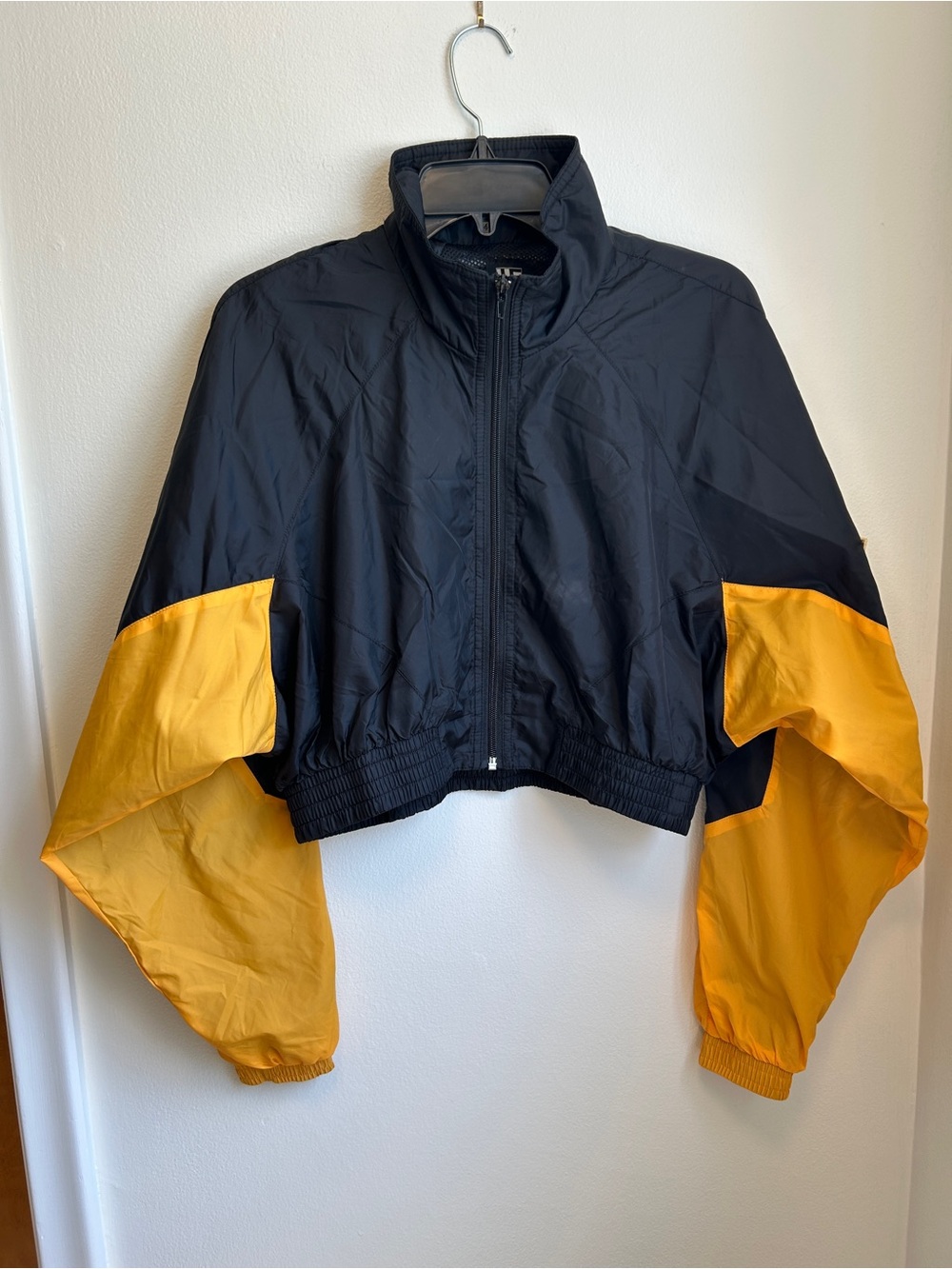 LF Vintage Black and Gold Cropped Colorblock Bomber Jacket